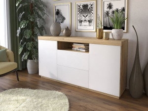 Zweittürige Kommode 164 cm im Loft-Stil Asumi Weiß matt und Eiche Wotan