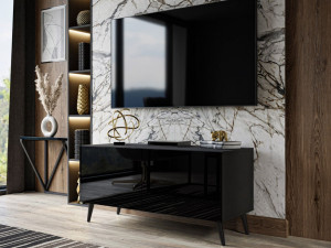 TV-Lowboard mit Türen und LED-Beleuchtung auf Schwarzen Metallbeinen 100 cm Noaé Schwarz Hochglanz