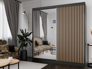 Schiebetürenschrank mit Spiegel und Lamellen 200 cm Loreto Schwarz