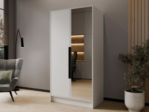 Kleiderschrank mit Spiegel 100 cm Lucca Weiß mit schwarzen Griffen