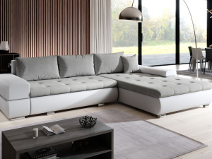 Ecksofa L-Form mit Schlaffunktion und Bettkasten Sonia Grau, Weiß