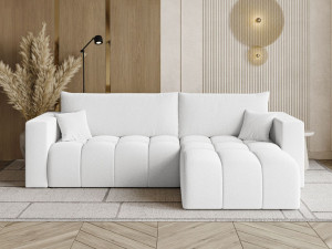 Ecksofa L-Form mit Schlaffunktion und Bettkasten Neva Bouclé-Stoff Weiß