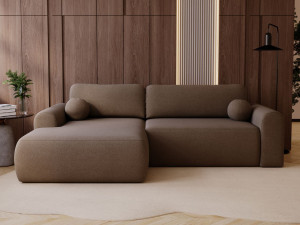 Ecksofa L-Form mit Schlaffunktion und Bettkasten Savana Links Bouclé-Stoff Braun