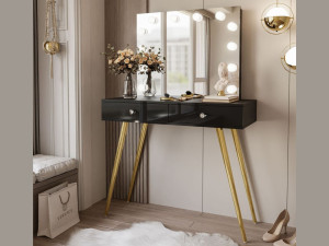 Schminktisch im Glamour-Stil mit Schubladen, Kristallgriffen und LED-Beleuchtung Olivine Elite Schwarz Hochglanz