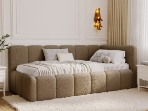 Jugendbett Einzelbett mit Bettkasten und Lattenrost 90x200 Cloud One Braun Bouclé-Stoff