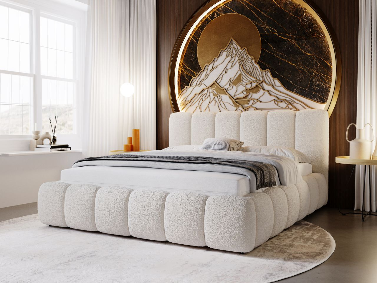 Polsterbett ohne Bettkasten mit Lattenrost 200x200 Cloud aus Bouclé-Stoff Beige