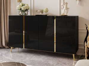 Czterodrzwiowa komoda 158 cm w stylu glamour na złotych nogach Lunelie czarny połysk