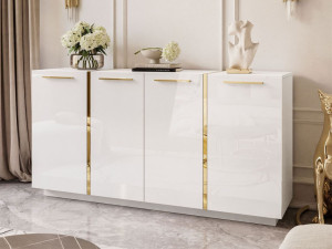 Czterodrzwiowa komoda 158 cm w stylu glamour ze złotymi uchwytami Lunelie biały połysk