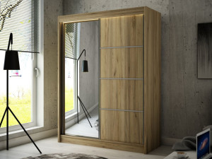 Szafa przesuwna z lustrem 150 cm z oświetleniem LED Portel Dąb Craft Złoty