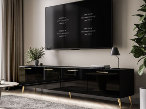 Szafka RTV pod telewizor z drzwiczkami i oświetleniem LED na złotych nóżkach 200 cm Noaé Czarny Połysk