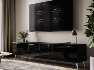 Szafka RTV pod telewizor z drzwiczkami na srebrnych nóżkach 200 cm Noaé Czarny Połysk