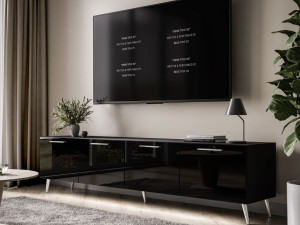 Szafka RTV pod telewizor z drzwiczkami i oświetleniem LED na srebrnych nóżkach 200 cm Noaé Czarny Połysk
