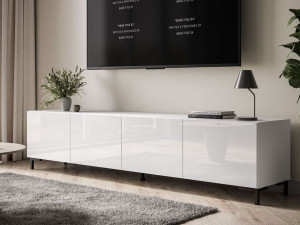 Szafka RTV pod telewizor z drzwiczkami na czarnych nóżkach 200 cm Nodoo Biały połysk