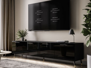 Szafka RTV pod telewizor z drzwiczkami i oświetleniem LED na czarno-złotych nóżkach 200 cm Noaé Czarny Połysk