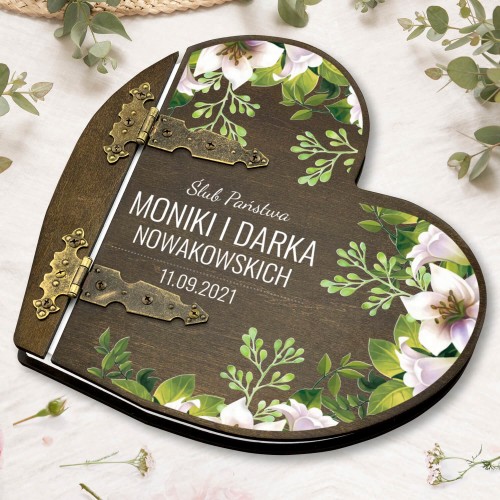 Album na zdjęcia drewniany serce z nadrukiem na ślub - Piękna Pamiątka