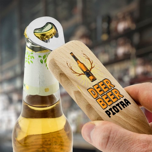 Otwieracz do piwa drewniany z nadrukiem dla myśliwego - Deer beer