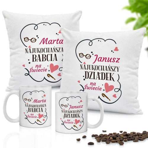 Zestaw poduszek i kubków z nadrukiem dla babci i dziadka - Ukochani