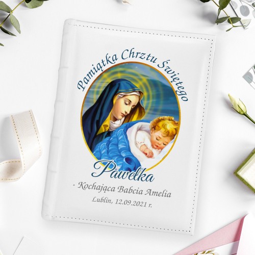 Album na zdjęcia z nadrukiem na chrzest dla chłopca - Panna z dzieciątkiem