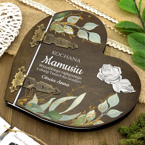 Drewniany album na zdjęcia z nadrukiem na 60 urodziny - Srebrna róża