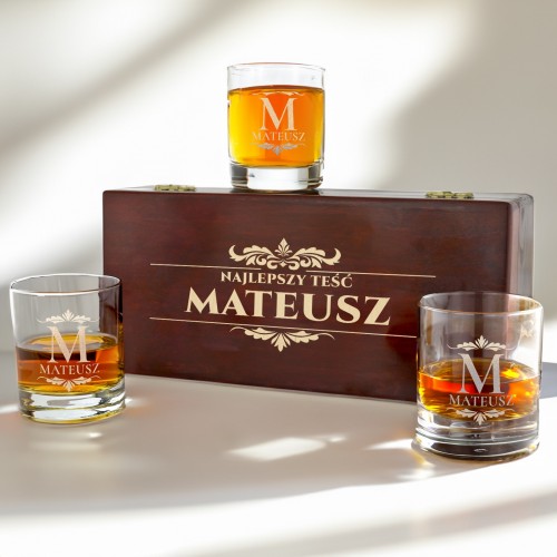 Szklanki do whisky w skrzynce z grawerem dla teścia - Smakosz