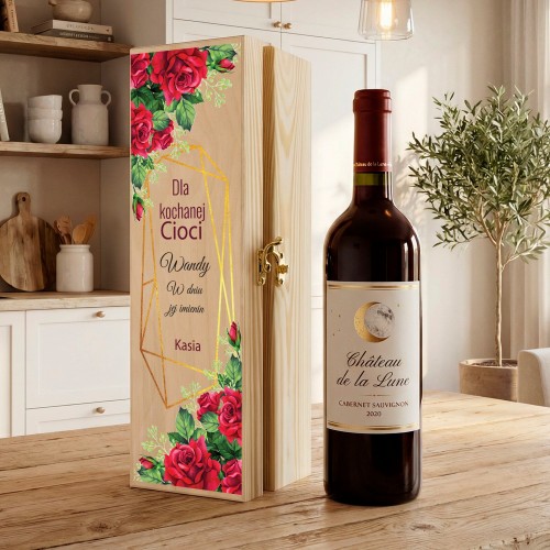 Skrzynka na wino z dedykacją dla cioci - Różane kwiaty