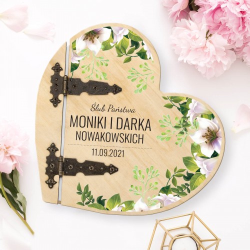 Album na zdjęcia drewniany serce z nadrukiem - Wspomnienia ze ślubu