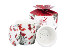 Kubek z zaparzaczem New Bone China Czerwone Kwiaty 400 ml, pudełko