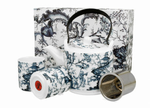 Porcelanowy dzbanek z zaparzaczem i 2 czarkami ORIENT BLUE