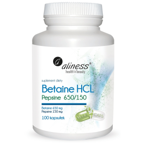 Aliness Betaina Hcl + Pepsyna 650/150 – 100 Kapsułek | Trawienie Białek + Zdrowie żołądka