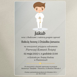 Zaproszenie na komunię na szkle akrylowym - chłopiec w albie