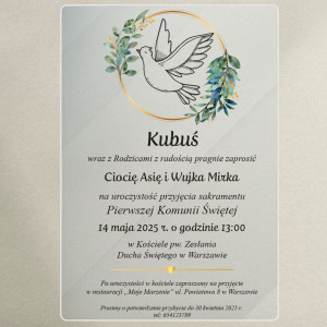 Zaproszenie na komunię na szkle akrylowym - gołąbek w kole