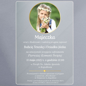 Zaproszenie na komunię ze zdjęciem dla dziewczynki na szkle akrylowym