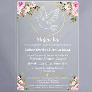 Zaproszenie na komunię na szkle akrylowym - gołąbek w kole 3