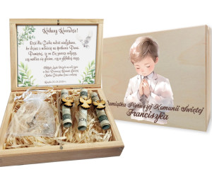 Pamiątka komunijna dla chłopca personalizowana  Pudełko na pieniądze z różańcem