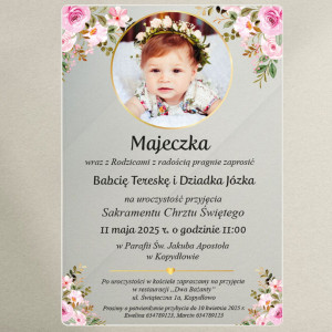Zaproszenie na chrzest święty ze zdjęciem dla dziewczynki na szkle akrylowym róż
