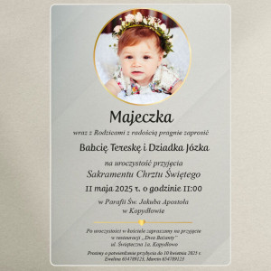 Zaproszenie na chrzest święty ze zdjęciem na szkle akrylowym