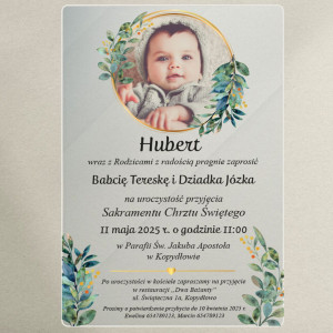 Zaproszenie na chrzest święty dla chłopca ze zdjęciem na szkle akrylowym zieleń