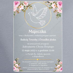 Zaproszenie na Chrzest Święty na szkle akrylowym - gołąb w kole róż