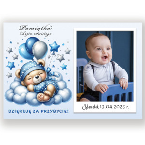 Podziękowania dla gości chrzest Magnes ze zdjęciem na chrzest niebieski miś_MG02