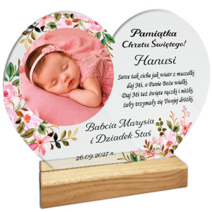 Pamiątka Chrztu Świętego Prezent na chrzest Personalizowana statuetka serce ze zdjęciem różowy