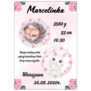 Metryczka dla dziewczynki ze zdjęciem - różowy króliczek