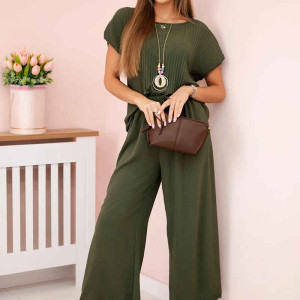 Viskose-Set plissierte Bluse + Hose khaki