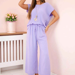 Viskose-Set plissierte Bluse + Hose Flieder