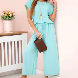 Viskose-Set plissierte Bluse + Hose Türkis