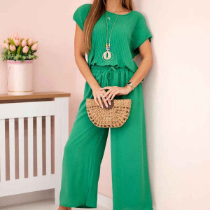 Viskose-Set plissierte Bluse + Hose Grün