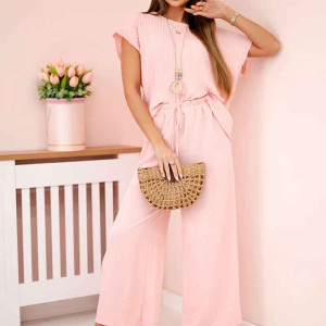Viskose-Set plissierte Bluse + Hose Rosa