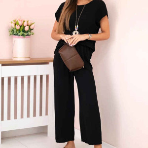 Viskose-Set plissierte Bluse + Hose Schwarz