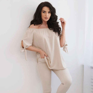 Bluse mit Bindeband Beige