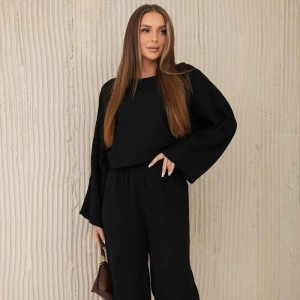 Luftiges Musselin-Set Bluse + Hose schwarz