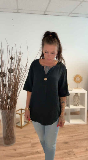Musselin Hemd mit Knopf Schwarz